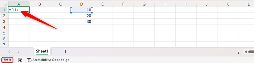 O modo Enter é ativado no Excel, digitando o símbolo Plus em uma fórmula na célula A1.