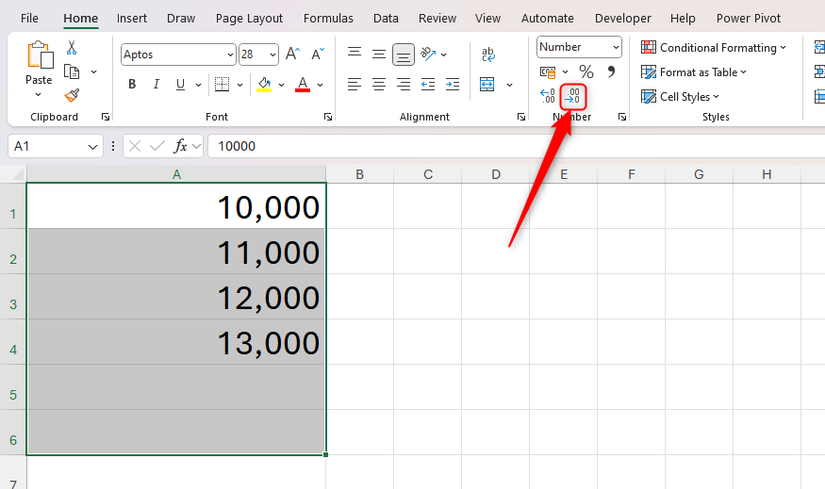 As células do Excel contendo números são selecionadas e o botão decimal de diminuição na fita é destacado.