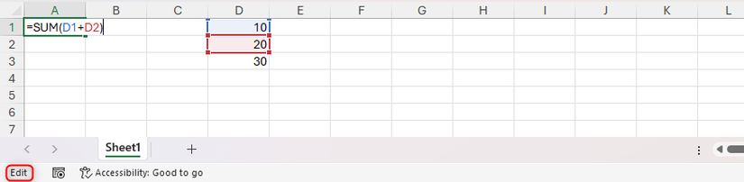 Excel no Modo Editar com uma fórmula ativa e células referenciadas coloridas