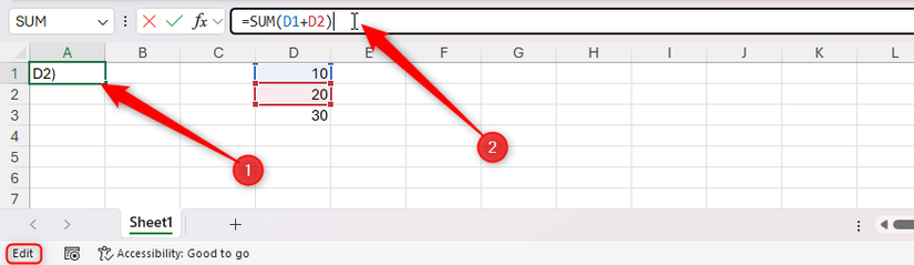 Excel no modo de edição, com o cursor colocado no final de uma fórmula na barra de fórmula.