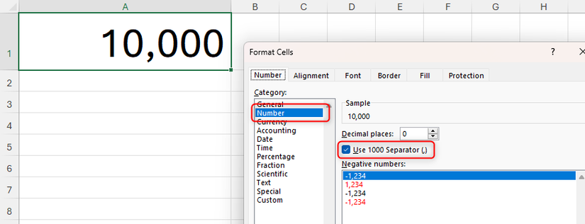 Excel's Format Cells dialog box, with the Number formatting applied, and the thousands separator checkbox checked.