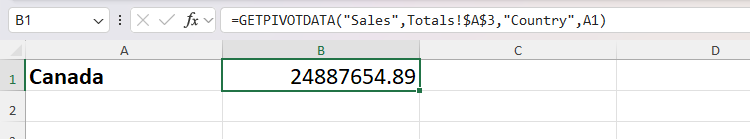 Excel's GETPIVOTDATA function is used to extract the total sales value for Canada, which is typed into cell A1.