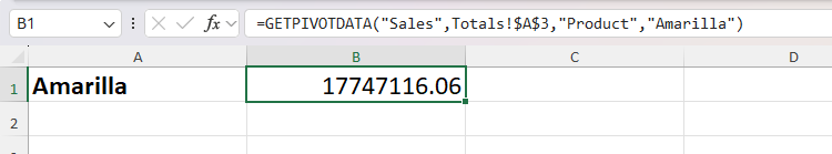Excel's GETPIVOTDATA function is used to extract the total sales value for the product named amarilla.