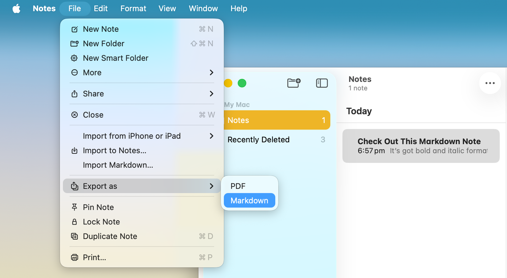 Export notes as a reduction in MacOS 26.