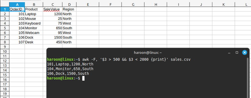 Extração de valores de vendas de um arquivo CSV entre a faixa de preço específica usando AWK