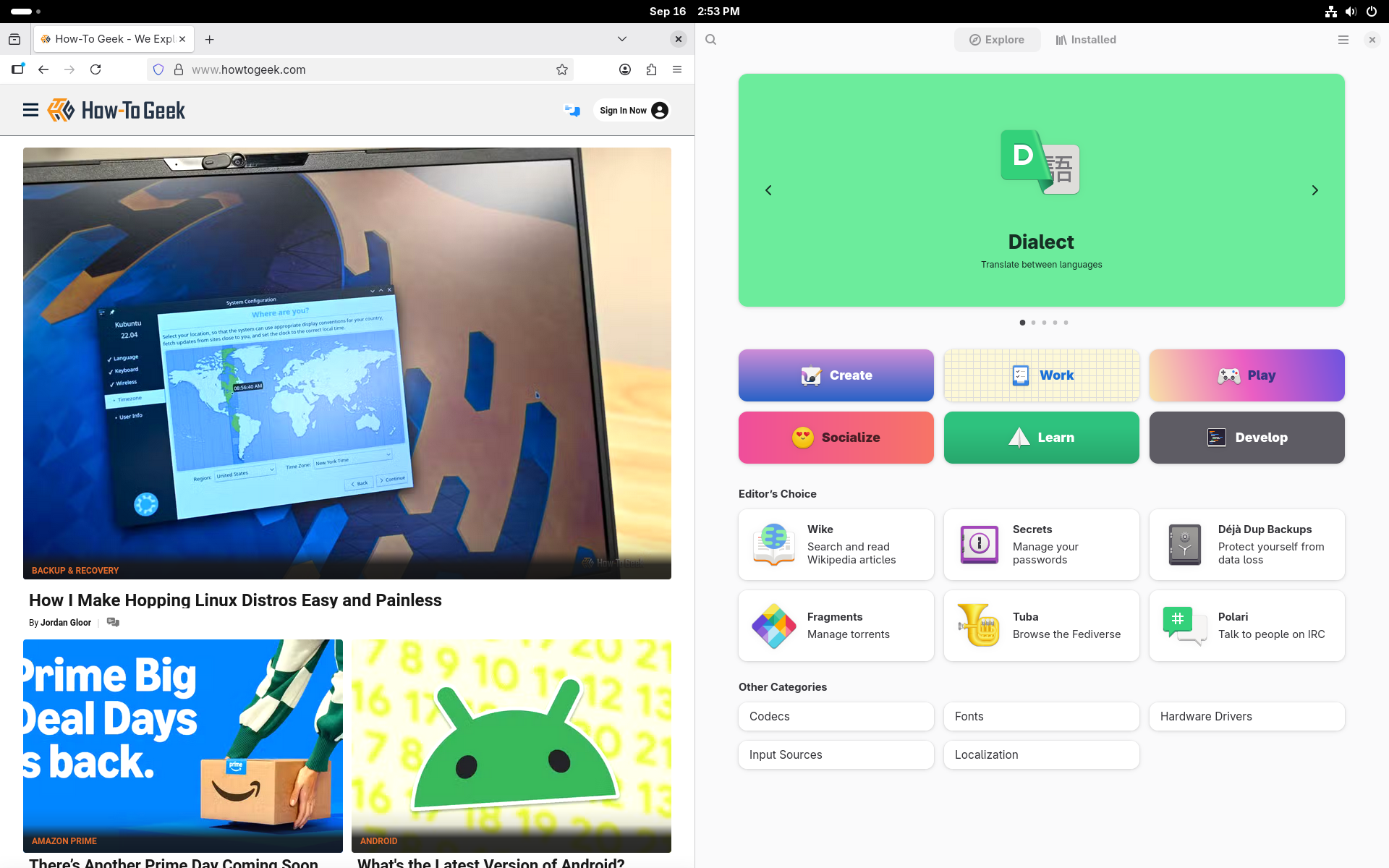 Fedora 43 beta with How-To Geek wesbite open in Firefox and the software browser open.