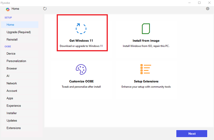 A screenshot of the Flyoobe Windows installer screen. Get Windows 11 is highlighted in red.