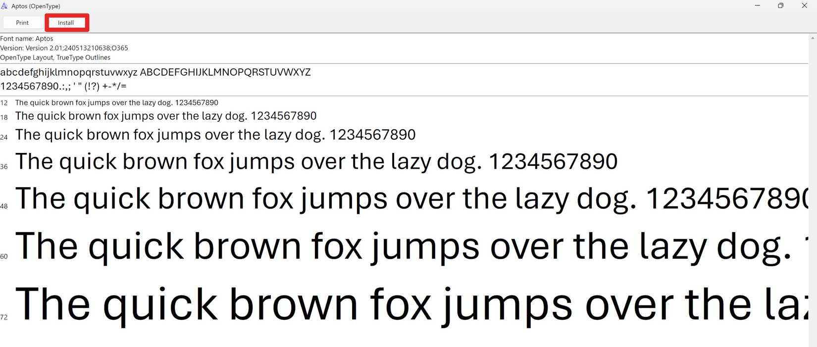 The install page for the Aptos Font with the "Install" button highlighted in red.