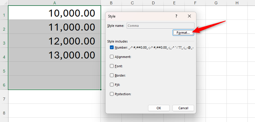 O formato é selecionado na caixa de diálogo de estilo do Excel.