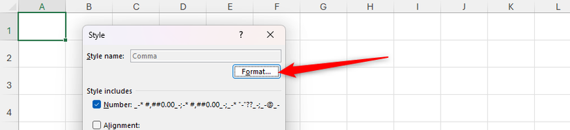 O formato é selecionado na caixa de diálogo de estilo celular do Microsoft Excel.