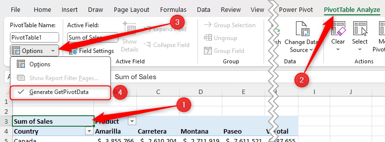 Generate GetPivotData in Excel's PivotTable Analyze tab is checked.