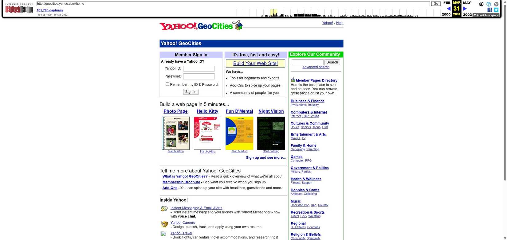 Um instantâneo do site de geocidades.