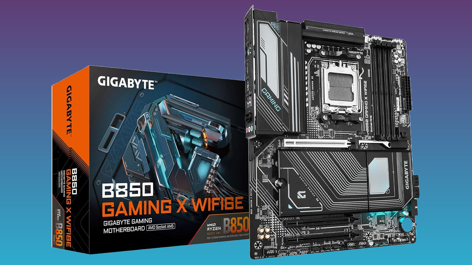 Uma placa -mãe Gigabyte B850 x Motherboard contra um fundo azul e roxo. 