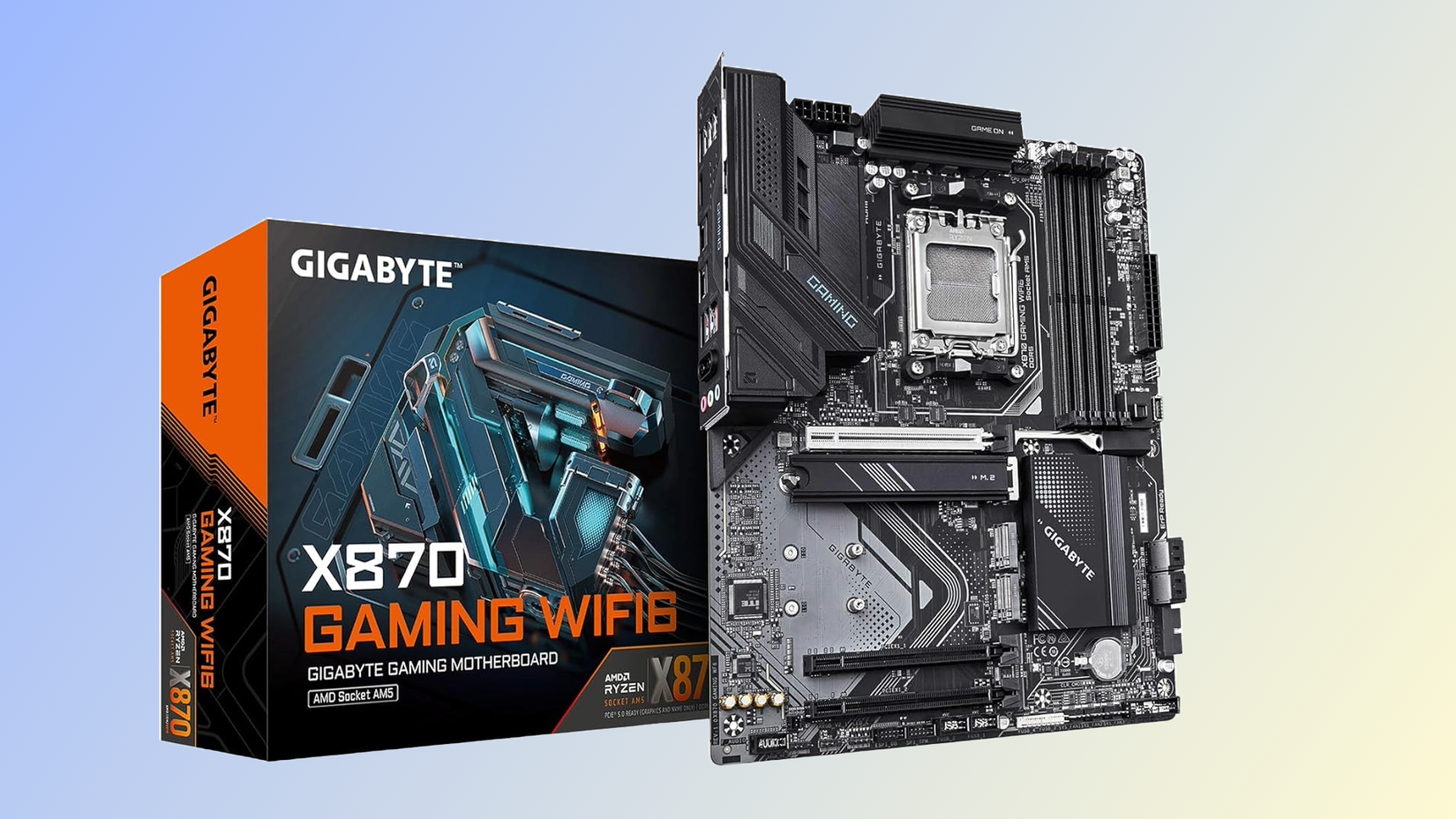 Uma placa -mãe Gigabyte X870 Gaming WiFi6 contra um fundo azul claro. 