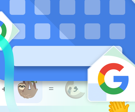 Google Gboard illustration with keyboard layout and floating emojis around.