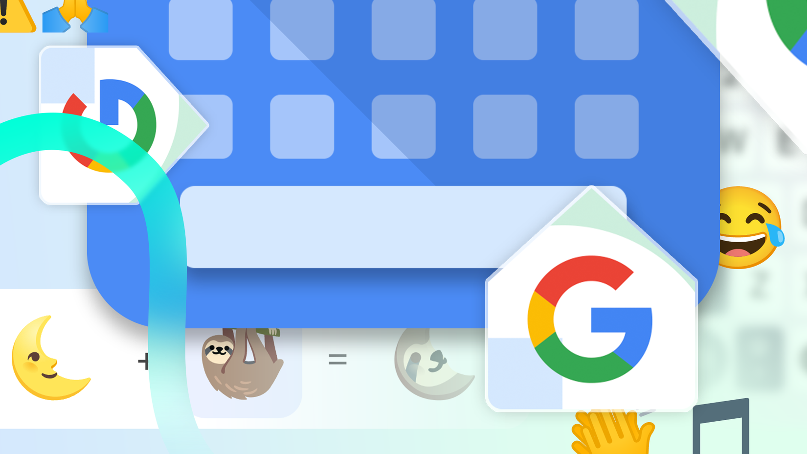 Иллюстрация Google Gboard — клавиатура и плавающие эмодзи вокруг.