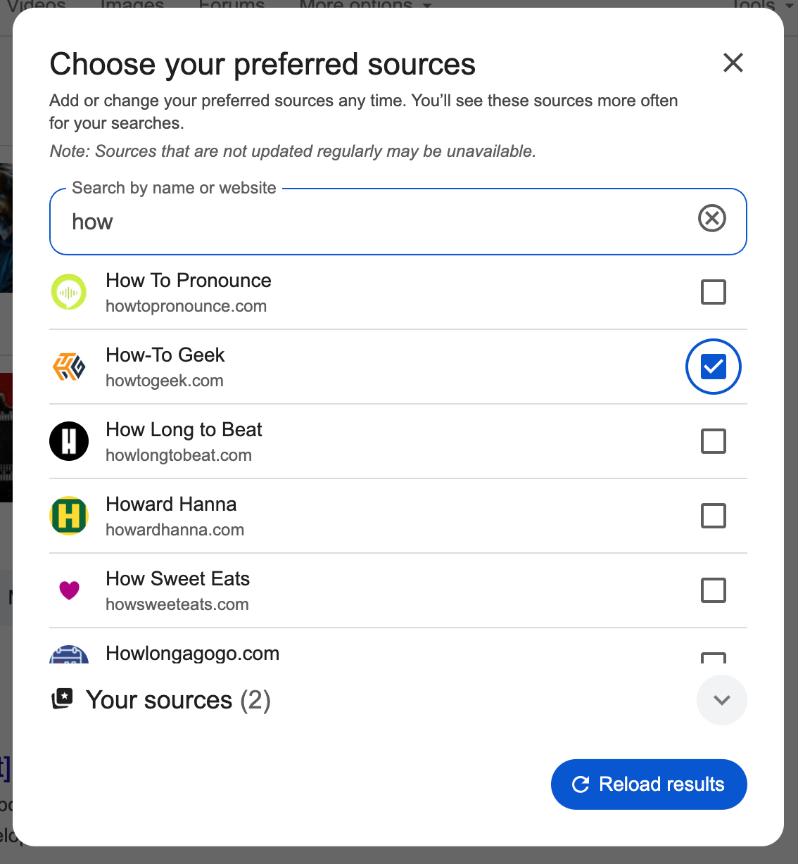 google search sources select