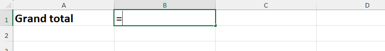 Grand total is typed into cell A1 in an Excel spreadsheet, and an equal sign is typed into cell B1, with the cell still in edit mode.