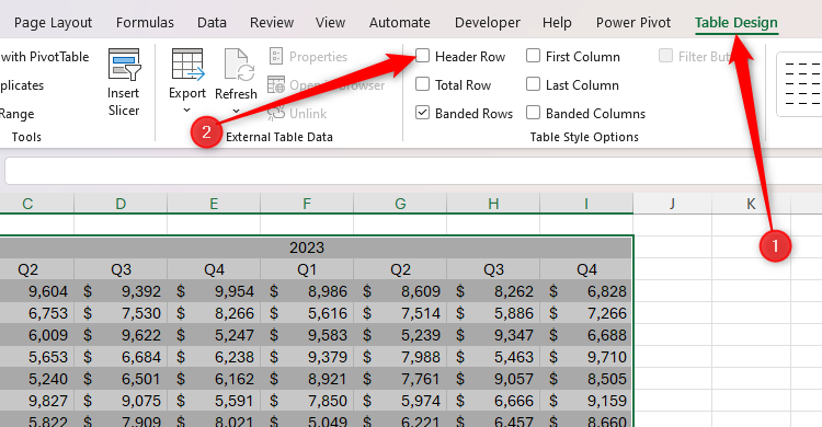 The head of the head is not verified in the Excel schedule design tab.