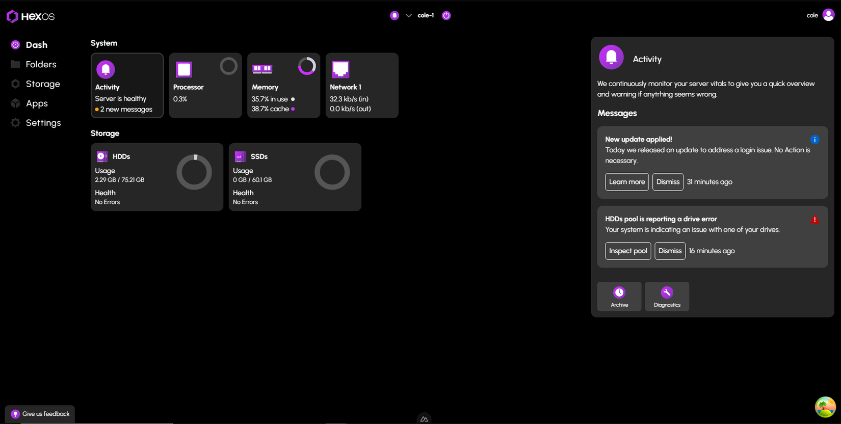 O painel de Hexos mostrando armazenamento, atividade, memória e muito mais.