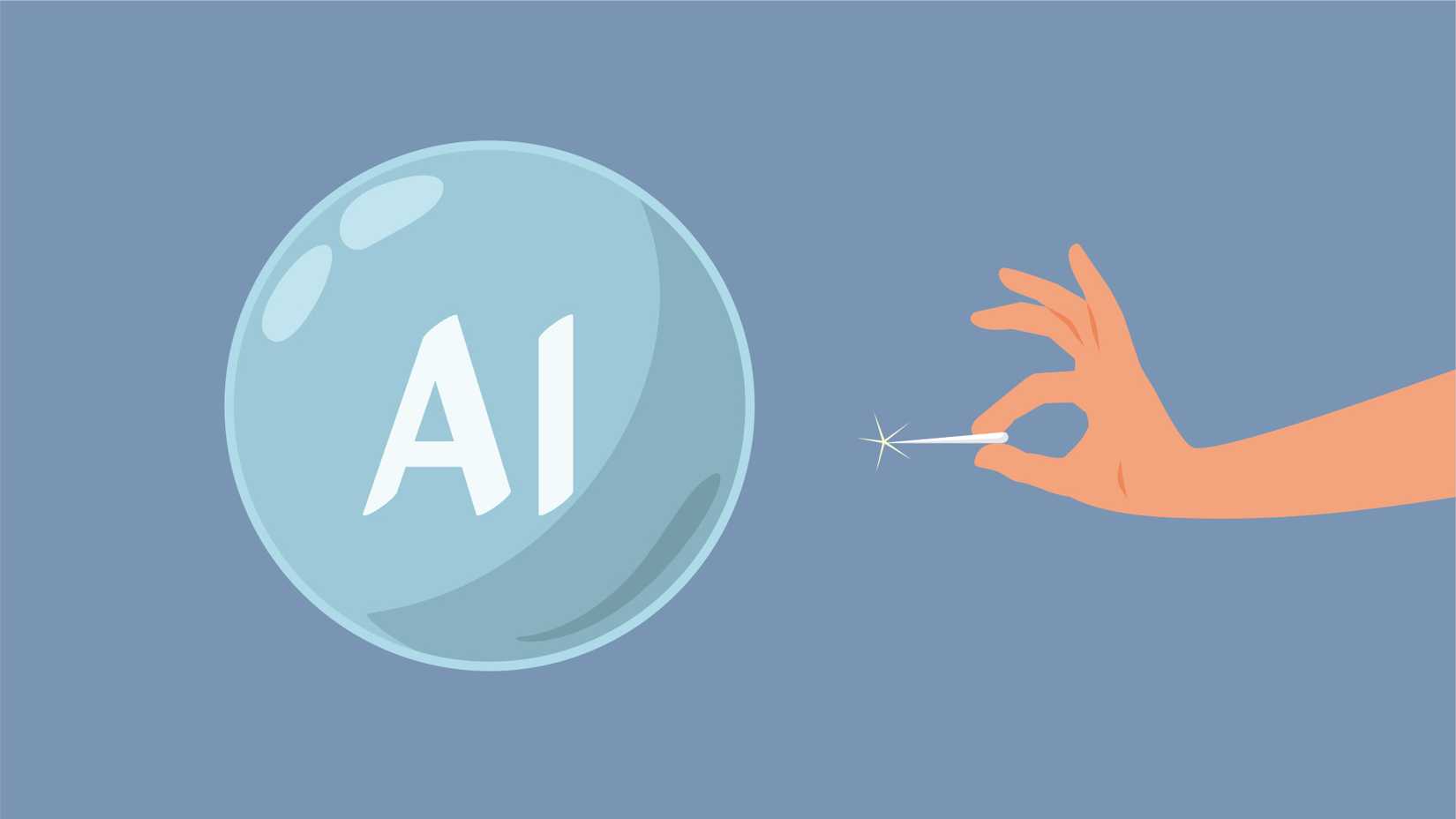 Illustration of a hand bursting an AI tech bubble with a needle.