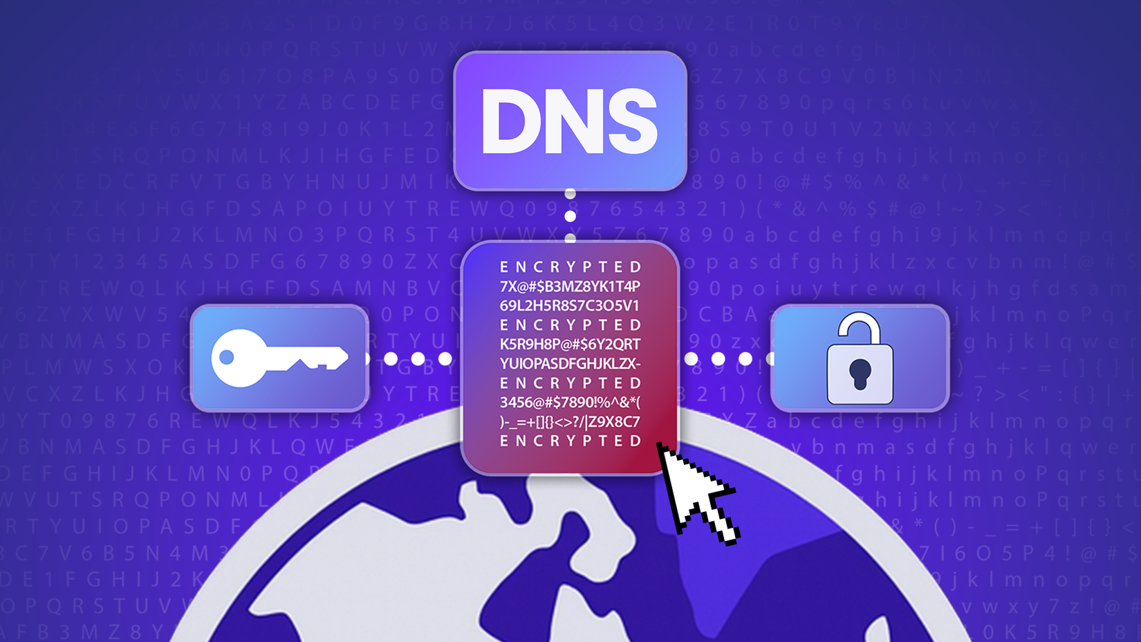 An illustration of encrypted DNS with a key and padlock icons connected to a block of encrypted text.