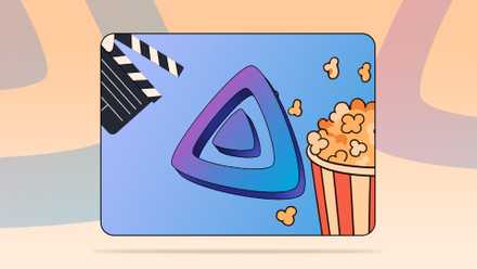 Illustration of the Jellyfin logo with a movie clapperboard on the left and a bucket of popcorn on the right
