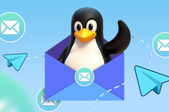 Illustration of the Linux mascot Tux inside a blue envelope, surrounded by paper plane icons and the Mailspring logo.