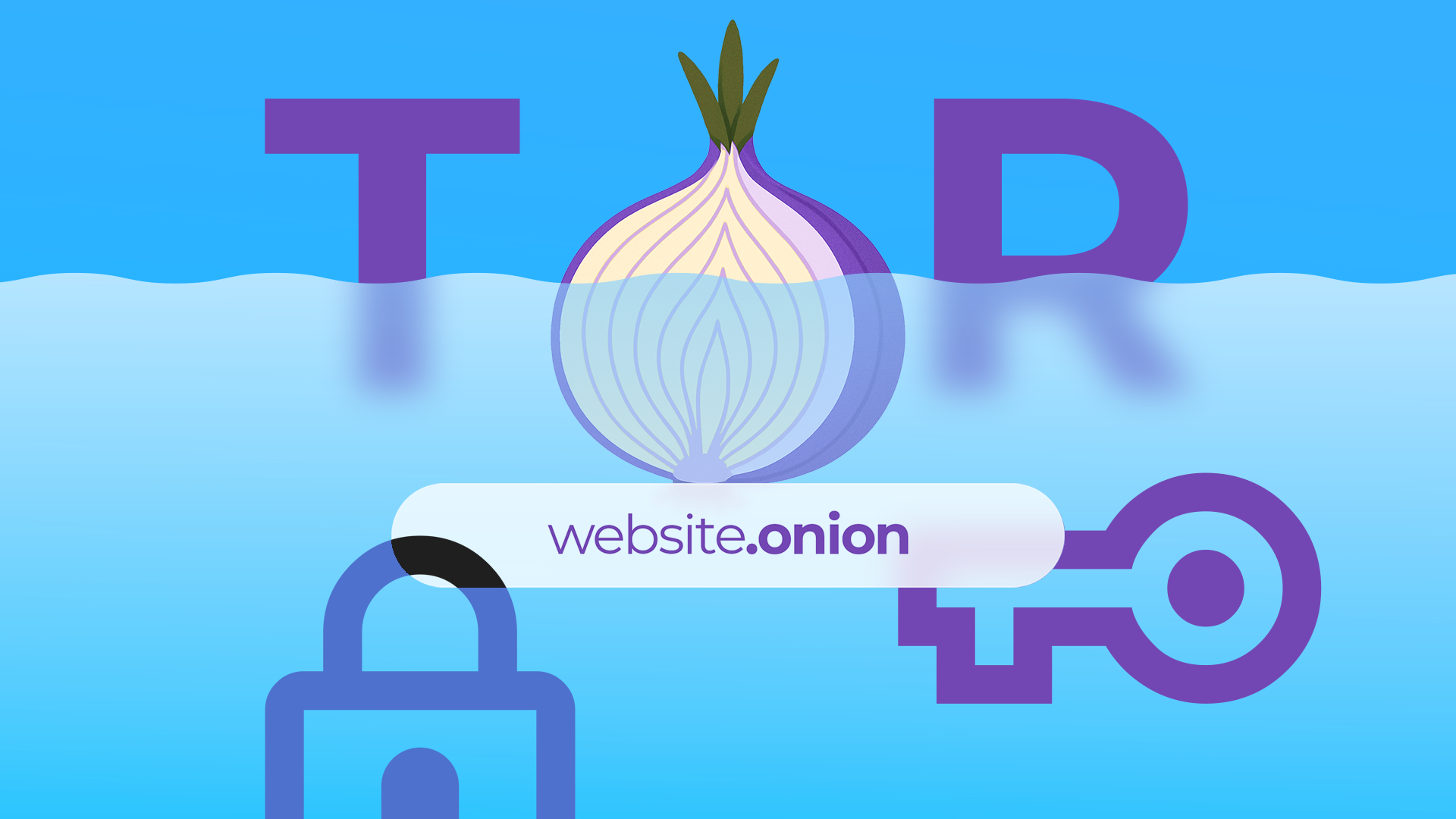 Illustration of the Tor onion logo with the text 'website.onion' in a browser bar, surrounded by lock and key icons.