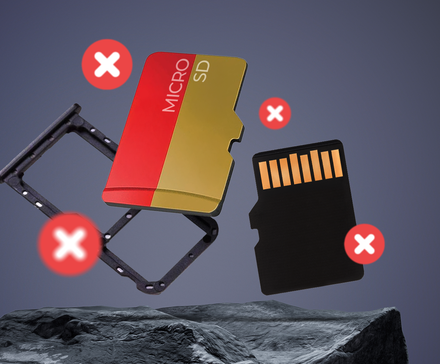 Иллюстрация: microSD-карты и лоток для SIM с перечёркнутыми красными крестами.