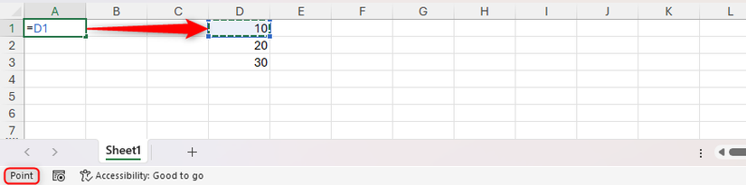 = é digitado na célula A1 no Excel e a tecla de seta direita é pressionada três vezes para ativar o modo de ponto e criar uma referência à célula D1.
