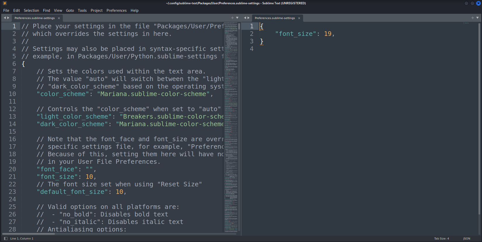 JSON arquiva para personalizar diferentes configurações no texto sublime.