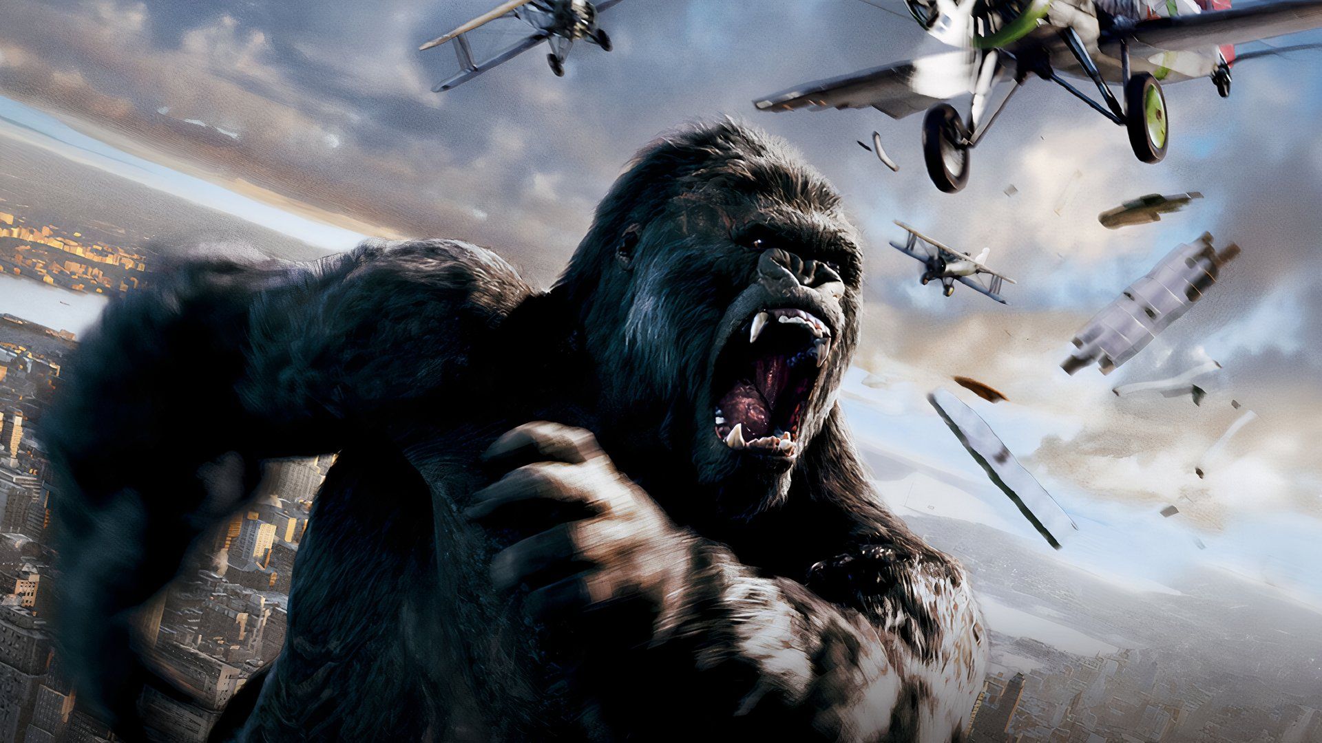 King Kong swatting at aircraft in the sky