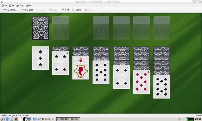 Playing a game of Klondike in KPatience on Knoppix 9.1.