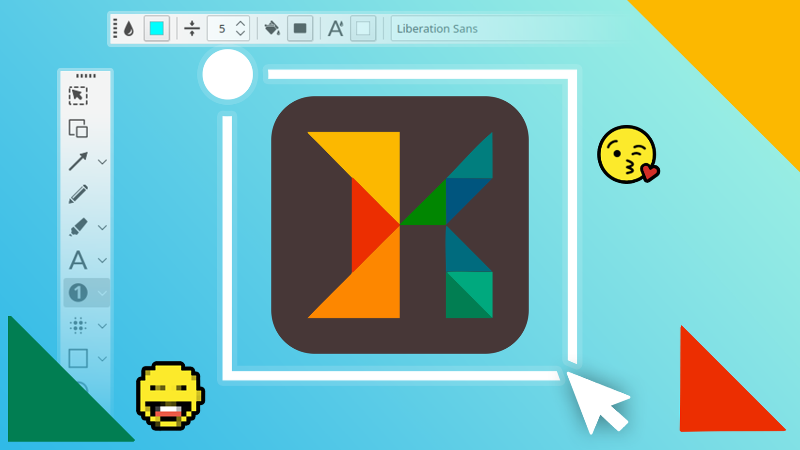 Logotipo KSnip em uma interface estilizada com ícones da barra de ferramentas, um cursor branco e emojis decorativos.