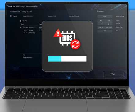 Экран ноутбука с утилитой ASUS BIOS и прогресс-баром обновления.