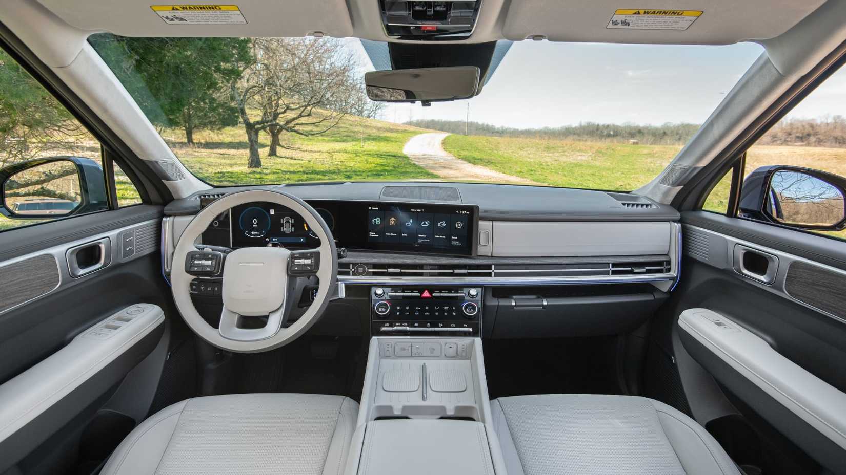 Shot inside the cabin of a 2026 Hyundai Santa Fe.
