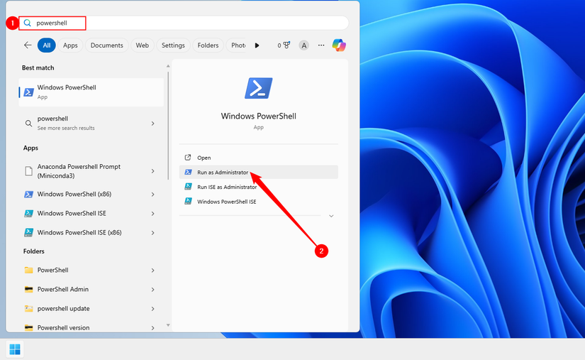 Launching PowerShell as administrator through the Start Menu.