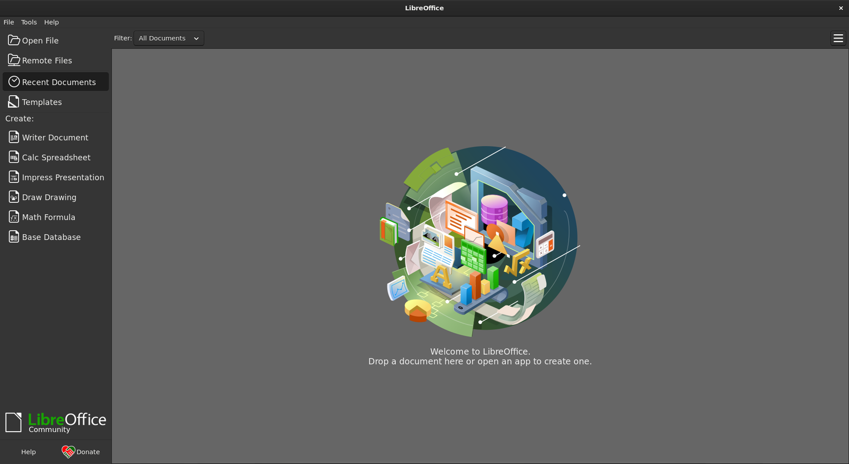 Tela de lançamento do Libre Office mostrando opções para carregar e criar arquivos.