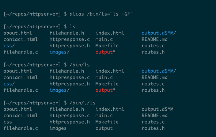 Saída do alias A /BIN /LS mostrando que se aplica literalmente, não ao próprio programa executável.