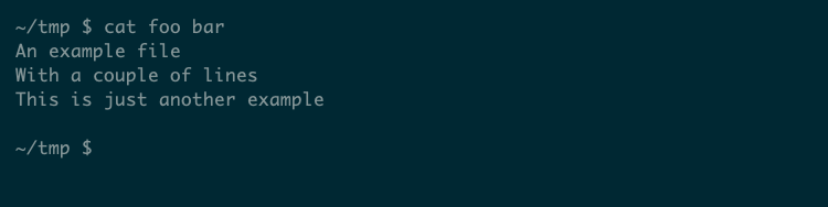 Output from the cat command, run on two files, showing the contents of the first file followed by the contents of the second.