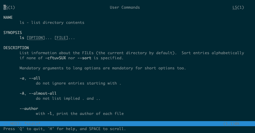 The linux man page for the ls command shown using the most pager which includes a status line showing keyboard shortcuts at the bottom.