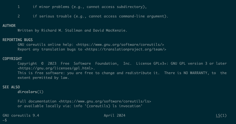 The final page of a linux manual on the ls command.