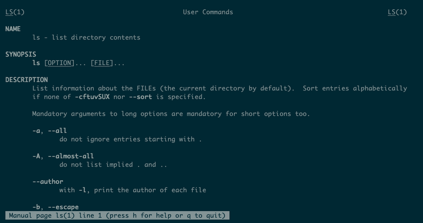 The first page of the linux manual on the ls command. A status line at the bottom shows the current line number and instructions to press h for help or q to quit.