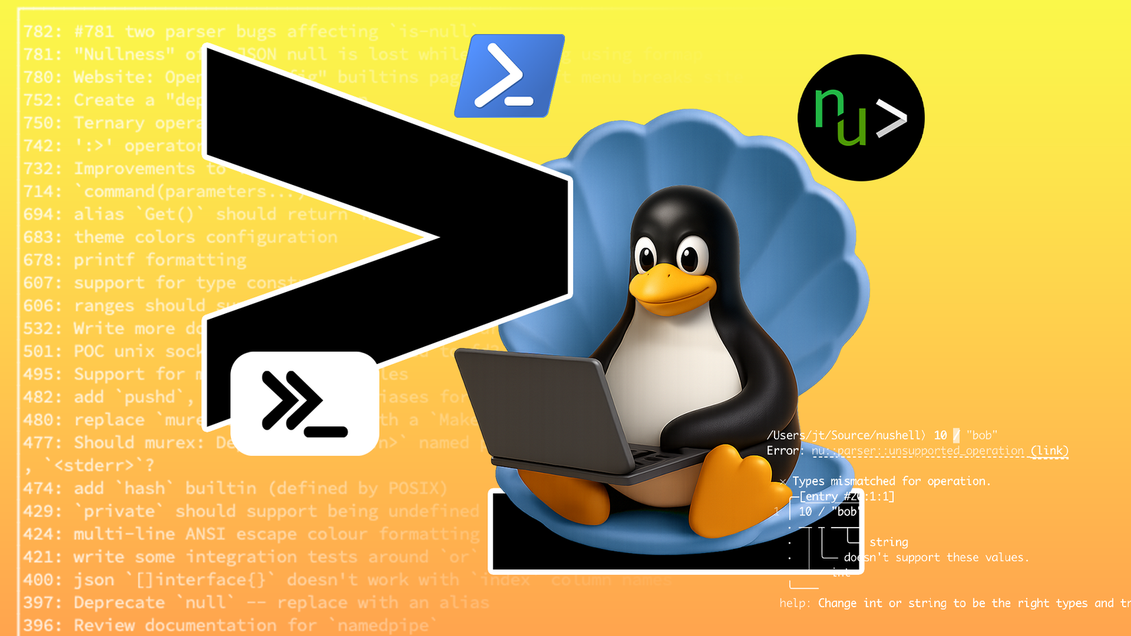 Маскот Linux сидит в ракушке за ноутбуком, вокруг логотипы PowerShell, Nushell и Murex.