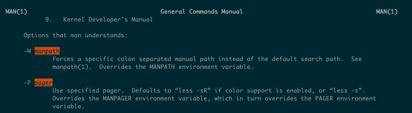 The man page for man, viewed in the ov page, with a header line at the top.