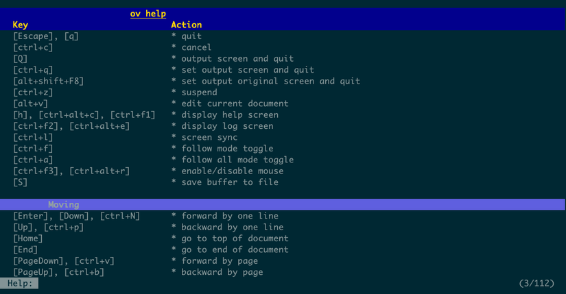 The help page for the ov pager shows keyboard shortcuts for many different actions.