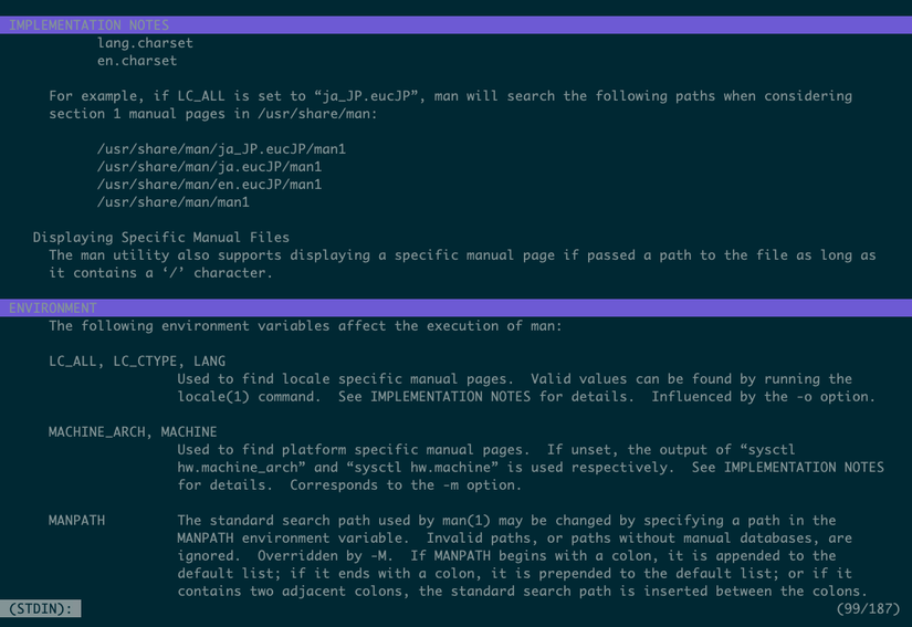 The ov pager showing the man page for man with section headers highlighted in purple.