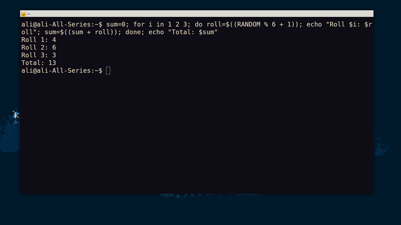 Linux terminal showing $RANDOM in bash being used to roll dice using loop in