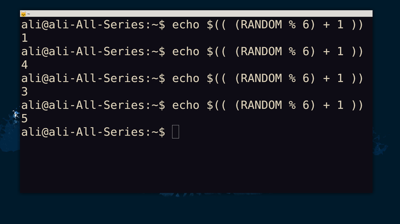 Linux terminal showing $RANDOM variable being used to roll dice